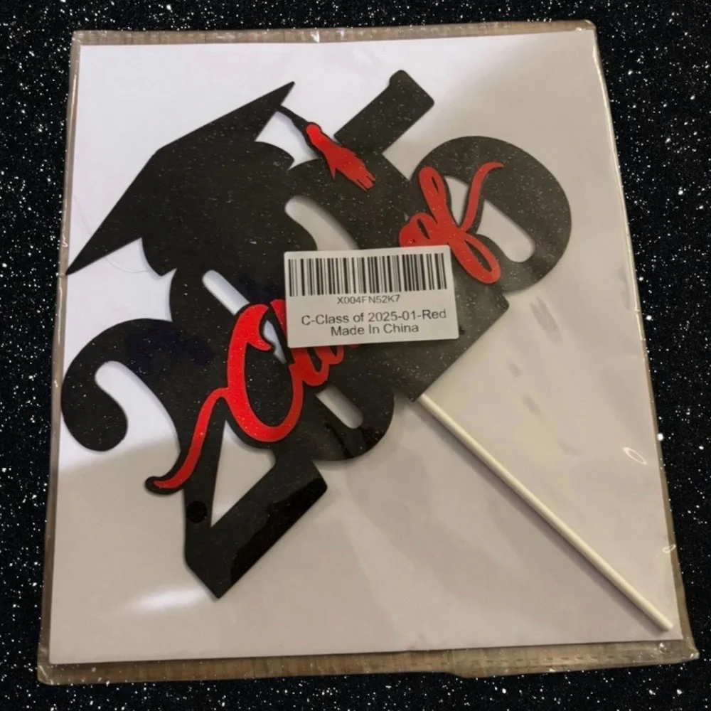 Class of 2025 Graduation Cake Topper - Black and Red Glitter